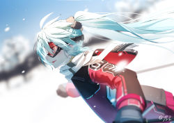 Rule 34 | 1girl, black gloves, blue eyes, blue hair, blue sky, blurry, blurry background, blurry foreground, chinese commentary, commentary, day, depth of field, floating hair, fringe trim, gloves, goggles, hatsune miku, highres, hood, hood down, hooded jacket, jacket, long hair, long sleeves, looking away, outdoors, parted lips, profile, qys3, red jacket, revision, scarf, signature, ski goggles, skiing, sky, smile, snow, solo, twintails, vocaloid, white scarf