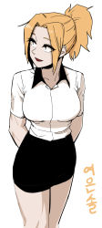 Rule 34 | 1girl, absurdres, arms behind back, black skirt, blonde hair, breasts, collared shirt, cowboy shot, fang, gigle, highres, korean text, limited palette, looking to the side, miniskirt, open mouth, original, ponytail, shirt, short sleeves, sketch, skirt, solo, white shirt