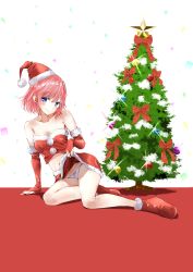 Rule 34 | 1girl, absurdres, arm support, blue eyes, boots, breasts, bridal gauntlets, christmas tree, citrus (saburouta), cleavage, clothes lift, collarbone, detached sleeves, fujisaki ribbon, full body, fur-trimmed boots, fur-trimmed headwear, fur-trimmed skirt, fur-trimmed sleeves, fur trim, hat, highres, lifting own clothes, long sleeves, looking at viewer, medium breasts, midriff, miniskirt, mizusawa matsuri, navel, panties, pencil skirt, pink hair, red footwear, red hat, red skirt, red sleeves, santa boots, santa costume, santa hat, short hair, sitting, skirt, skirt lift, smile, solo, sparkle, stomach, strapless, underwear, white panties