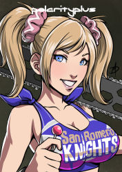 Rule 34 | 1girl, blonde hair, blue eyes, breasts, candy, chainsaw, cheerleader, cleavage, female focus, food, grin, juliet starling, large breasts, lips, lollipop, lollipop chainsaw, over shoulder, polarityplus, scrunchie, smile, solo, twintails, upper body, weapon, weapon over shoulder