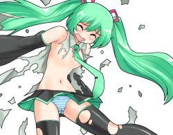 Rule 34 | 1girl, blush, breasts, censored, convenient censoring, detached sleeves, exploding clothes, green hair, hatsune miku, long hair, mono (moiky), navel, necktie, open mouth, panties, simple background, small breasts, solo, striped clothes, striped panties, thighhighs, torn clothes, torn thighhighs, transparent background, twintails, underwear, vocaloid, white background