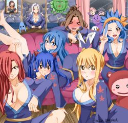 Rule 34 | 3boys, 6+girls, black eyes, black hair, blonde hair, blood, blue eyes, blue hair, blush, breasts, brown eyes, brown hair, cana alberona, claudia dragneel, cleavage, closed eyes, closed mouth, couch, drunk, erza scarlet, fairy tail, forehead, gajeel redfox, gray fullbuster, hair over one eye, highres, juvia lockser, large breasts, levy mcgarden, lips, long hair, lucy heartfilia, medium breasts, mirajane strauss, multiple boys, multiple girls, natsu dragneel, night, nosebleed, open mouth, peeking, pink hair, plue, red hair, silver hair, source request, spiked hair, tagme, v, wendy marvell