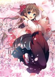 Rule 34 | 1girl, :d, absurdres, blue eyes, blurry, blush, brown hair, cherry blossoms, depth of field, double bun, female focus, floral print, flower, geta, hair bun, hair flower, hair ornament, hakama, hakama skirt, hands up, highres, hishi (pattern), japanese clothes, kimono, long hair, long skirt, looking at viewer, meiji schoolgirl uniform, motion blur, open mouth, original, petals, red footwear, red hakama, sandals, scan, shoes, skirt, smile, socks, solo, standing, standing on one leg, tabi, tomose shunsaku, torii, white socks, wide sleeves, wind