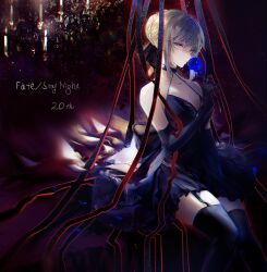 Rule 34 | 1girl, absurdres, anniversary, artoria pendragon (all), artoria pendragon (fate), black thighhighs, blonde hair, blue flower, braid, braided bun, breasts, closed mouth, copyright name, dark background, dress, elbow gloves, expressionless, fate/stay night, fate (series), feet out of frame, flower, garter straps, gloves, hair bun, hair ribbon, halter dress, halterneck, heaven&#039;s feel, highres, holding, holding flower, looking at viewer, medium breasts, nigiri, purple dress, purple gloves, ribbon, saber alter, sitting, solo, thighhighs