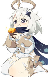 Rule 34 | 1girl, :q, absurdres, black cape, black eyes, blush, boots, bright pupils, cape, closed mouth, commentary request, eyelashes, food, food on face, genshin impact, gold trim, hair between eyes, hair ornament, halo, hands up, highres, holding, holding food, licking lips, long sleeves, medium hair, paimon (genshin impact), shao (shaorouhong), sidelocks, simple background, single thighhigh, sitting, smile, solo, sparkle, star (symbol), star hair ornament, sweet potato, thighhighs, tongue, tongue out, wariza, white background, white footwear, white hair, white pupils, white thighhighs, wide sleeves