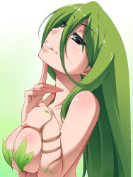 Rule 34 | 1girl, bad id, bad pixiv id, breast suppress, breasts, character request, finger to own chin, gradient background, green hair, grey eyes, hayashi custom, highres, large breasts, leaf, leaf bikini, long hair, outline, parted lips, pasties, plant, smile, solo, vines