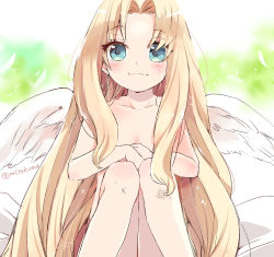 Rule 34 | 1girl, blue eyes, blush, closed mouth, collarbone, commentary request, completely nude, feathered wings, feathers, filo (tate no yuusha no nariagari), forehead, hair over breasts, knees up, long hair, mito (go!go!king!), nude, parted bangs, sitting, smile, solo, tate no yuusha no nariagari, twitter username, very long hair, white feathers, white wings, wings