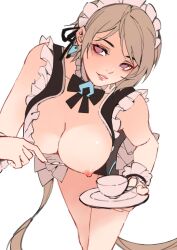 Rule 34 | 1girl, :d, absurdly long hair, black bow, black bowtie, bow, bowtie, breasts, brown hair, cup, earrings, frilled one-piece swimsuit, frills, grin, highres, holding, holding plate, honkai (series), honkai impact 3rd, jewelry, large breasts, leaning forward, lips, long hair, looking at viewer, maid, maid headdress, mu ling (user awsc4375), nipples, one-piece swimsuit, one breast out, open mouth, plate, purple eyes, rita rossweisse, rita rossweisse (phantom iron), simple background, smile, solo, swimsuit, teacup, teeth, twintails, very long hair, white background