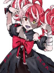 Rule 34 | 1girl, ahoge, bandaged arm, bandages, blunt ends, bow, colored skin, double bun, earrings, fangs, flat chest, grey hair, grey skin, hair bun, heterochromia, highres, hololive, hololive indonesia, huge bow, jewelry, kureiji ollie, lobsteranian, looking at viewer, looking up, multicolored hair, multicolored skin, open mouth, patchwork skin, pink hair, pop tab, red bow, red hair, solo, stitched arm, stitched face, stitched torso, stitches, symbol-shaped pupils, torn clothes, two-tone skin, virtual youtuber, white background, white skin, yellow eyes, zombie