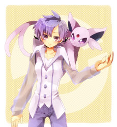 Rule 34 | 00s, 1girl, anabel (pokemon), animal, animal on shoulder, bad proportions, collarbone, creatures (company), espeon, frontier brain, game freak, gen 2 pokemon, looking at viewer, nintendo, outstretched hand, pants, poke ball, poke ball symbol, pokemon, pokemon (creature), pokemon rse, purple eyes, purple hair, see-through, shooting428star, short hair, smile, standing, swept bangs, tail