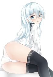 Rule 34 | 10s, 1girl, absurdres, aqua eyes, aqua hair, ass, black thighhighs, blush, from behind, hibiki (kancolle), highres, kantai collection, long hair, looking at viewer, looking back, lying, moyoron, no headwear, no headwear, no pants, on side, open mouth, sailor collar, school uniform, serafuku, simple background, solo, tears, thighhighs, white background