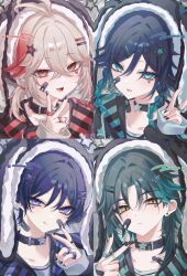 4boys alternate_costume aqua_eyes aqua_hair bandaid bandaid_on_cheek bandaid_on_face bandaid_on_neck black_hair black_hat black_nails black_shirt braid closed_mouth collar earrings genshin_impact gradient_hair hair_between_eyes hair_ornament hairclip hat highres jewelry kaedehara_kazuha long_hair long_sleeves male_focus multicolored_hair multiple_boys open_mouth purple_hair red_eyes red_hair scaramouche_(genshin_impact) shirt smile star_(symbol) star_hair_ornament streaked_hair touyu_1210 twin_braids v v_over_mouth venti_(genshin_impact) white_hair xiao_(genshin_impact) yellow_eyes