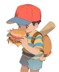 Rule 34 | 1boy, acnhiti, bag, baseball bat, black hair, brown eyes, burger, character request, child, cowboy shot, eating, food, hat, highres, male focus, mother (game), ness (mother 2), nintendo, red hat, school bag, shirt, shorts, simple background, solo, striped clothes, striped shirt, teeth, upper teeth only, white background