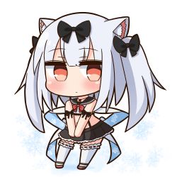 Rule 34 | 1girl, animal ears, azur lane, bare shoulders, black bow, black footwear, black sailor collar, black skirt, blush, bow, cat ears, chibi, closed mouth, commentary request, crop top, full body, hair between eyes, hair bow, hana kazari, long hair, looking at viewer, midriff, navel, own hands together, pleated skirt, red bow, red eyes, ribbon-trimmed legwear, ribbon trim, sailor collar, school uniform, serafuku, shirt, shoes, silver hair, skirt, sleeveless, sleeveless shirt, snowflakes, solo, standing, thighhighs, twintails, v arms, very long hair, white background, white shirt, white thighhighs, yukikaze (azur lane)