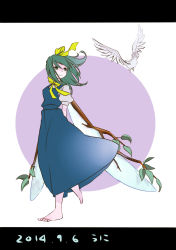 Rule 34 | 1girl, 2014, arms behind back, ascot, barefoot, bird, branch, daiyousei, dated, dress, fairy, fairy wings, full body, green eyes, green hair, hair ribbon, highres, letterboxed, looking away, matching hair/eyes, namauni, pigeon, puffy short sleeves, puffy sleeves, ribbon, short hair, short sleeves, simple background, skirt, skirt set, smile, solo, standing, touhou, vest, white background, wings