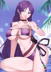 Rule 34 | 1girl, absurdres, armlet, belt, bikini, breasts, choker, eyepatch bikini, fate/grand order, fate (series), female focus, highres, large breasts, long hair, looking at viewer, minamoto no raikou (fate), minamoto no raikou (fate/grand order), minamoto no raikou (swimsuit lancer) (fate), navel, ocean, outdoors, purple bikini, purple eyes, purple hair, side-tie bikini bottom, smile, solo, squirrelhollow, standing, summer, swimsuit, thighs, very long hair