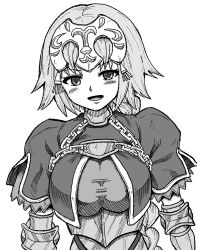 Rule 34 | 1girl, armor, armored dress, blush, braid, breasts, bridal gauntlets, capelet, chain, commentary request, fate/grand order, fate (series), greyscale, headpiece, highres, jeanne d&#039;arc (fate), jeanne d&#039;arc (ruler) (fate), kusama takato, large breasts, looking at viewer, monochrome, open mouth, solo, upper body