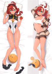 Rule 34 | 1girl, adapted costume, ahoge, aqua eyes, arm up, bare arms, bare legs, bare shoulders, barefoot, black hairband, black socks, blue eyes, blush, breasts, cleavage, cleavage cutout, clothing cutout, commentary request, dakimakura (medium), food, full body, gundam, gundam suisei no majo, hair slicked back, hairband, haro, highleg, highleg swimsuit, holding, holding food, holding vegetable, knees together feet apart, looking at viewer, loose socks, low ponytail, lying, medium breasts, moeanime, necktie, off shoulder, on bed, pillow, red hair, shiny skin, short eyebrows, short shorts, shorts, socks, solo, striped clothes, striped shorts, suletta mercury, swimsuit, thick eyebrows, tomato, vegetable, white hairband, yellow necktie