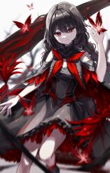 Rule 34 | 1girl, absurdres, black dress, black hair, braid, bug, butterfly, cleavage cutout, clothing cutout, commentary request, cradle (punishing: gray raven), dress, hair between eyes, highres, insect, korean commentary, long hair, punishing: gray raven, red butterfly, red eyes, scythe, short sleeves, shoulder cutout, solo, sw haze, twin braids