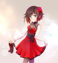 Rule 34 | 1girl, blush, breasts, cleavage, clothes lift, cowboy shot, cross-laced clothes, cross-laced dress, dress, flower, grey eyes, hair flower, hair ornament, halter dress, halterneck, head tilt, high heels, highres, holding, iesupa, pantyhose, rose, ruby rose, rwby, see-through, short hair, simple background, skirt, skirt lift, small breasts, smile, solo