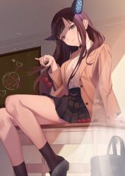 Rule 34 | 1girl, bag, beret, black footwear, black socks, black skirt, blazer, blush, breasts, brown jacket, chalkboard, closed mouth, collared shirt, commentary request, curtains, fate/grand order, fate (series), feet out of frame, food, fruit, hat, head tilt, heart, highres, holding, holding food, holding fruit, indoors, jacket, kneehighs, long hair, long sleeves, looking at viewer, lychee, medium breasts, miniskirt, on table, open clothes, open jacket, pleated skirt, purple eyes, school bag, shirt, skirt, smile, socks, solo, table, very long hair, white shirt, yang guifei (fate), yukiyama momo