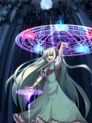Rule 34 | 1girl, bamboo, bamboo forest, date hajime, dress, ex-keine, female focus, forest, full moon, green hair, highres, horns, kamishirasawa keine, long hair, magic circle, moon, nature, necktie, open mouth, pentagram, ribbon, solo, touhou, tree