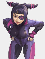Rule 34 | 1girl, alternate eye color, biker clothes, bikesuit, black hair, blunt bangs, bodysuit, breasts, brown eyes, covered collarbone, cowboy shot, double bun, eyepatch, fingerless gloves, gloves, grey background, hair bun, han juri, hands on own hips, leaning forward, looking at viewer, medium breasts, popped collar, simple background, skin tight, smile, solo, spiked hair, standing, street fighter, street fighter v, tongue, tongue out, v-shaped eyebrows