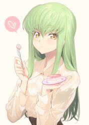 Rule 34 | 1girl, :i, alternate costume, blush, c.c., cake, casual, closed mouth, code geass, collared shirt, creayus, eating, food, fork, green hair, heart, holding, holding fork, holding plate, long hair, long sleeves, looking at viewer, plate, shirt, sidelocks, simple background, solo, speech bubble, spoken heart, white background, yellow eyes, yellow shirt