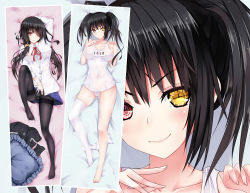 Rule 34 | 10s, 1girl, bad id, bad pixiv id, black hair, black pantyhose, blouse, blue skirt, body pillow, clock eyes, clothing aside, collared shirt, covered eyes, date a live, from above, full body, hair between eyes, hair ornament, hair over one eye, heterochromia, jacket, leg up, legs folded, long hair, long sleeves, looking at viewer, lying, multiple views, neck ribbon, on back, on bed, one-piece swimsuit, pantyhose, pillow, red eyes, red ribbon, ribbon, school swimsuit, school uniform, serafuku, shirt, skirt, smile, swimsuit, symbol-shaped pupils, thighhighs, tokisaki kurumi, twintails, unworn clothes, unworn jacket, unworn socks, unworn thighhighs, upskirt, v-shaped eyebrows, white one-piece swimsuit, white shirt, white thighhighs, yellow eyes
