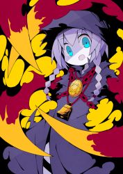 Rule 34 | 1girl, asameshi, bell, black cloak, blue eyes, braid, chain, cloak, colored skin, commentary request, cowboy shot, curse maker, etrian odyssey, grey hair, grey skin, hood, hood up, long hair, looking at viewer, medallion, open mouth, simple background, solo, twin braids, yellow background