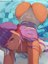 Rule 34 | 1girl, ass, bare shoulders, bb (fate), bb (fate) (all), bb (swimsuit mooncancer) (fate), bb (swimsuit mooncancer) (third ascension) (fate), blush, breasts, cleavage, fate/grand order, fate (series), gloves, hair ribbon, large breasts, licking lips, long hair, looking at viewer, mirai hikari, one-piece swimsuit, partially submerged, pool, poolside, purple hair, red eyes, red ribbon, ribbon, solo, swimsuit, tan, thighs, tongue, tongue out, very long hair, water, white gloves, white one-piece swimsuit
