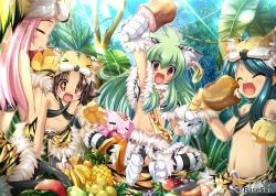 Rule 34 | 4girls, animal ears, animal hands, anklet, apple, arm up, banana, bikini, bikini top only, black panties, blue hair, blush stickers, boned meat, brown hair, cameltoe, cat ears, chain, closed eyes, earrings, eating, elephant, fake animal ears, fang, food, forest, fruit, gloves, green hair, hat, highres, jewelry, kneehighs, koihime musou, kuwada yuuki, long hair, meat, mike (koihime musou), moukaku, multiple girls, nature, navel, open mouth, outdoors, panties, paw gloves, paw shoes, pineapple, pink hair, red eyes, shamu, shoes, sitting, smile, socks, sparkling eyes, spread legs, swimsuit, tail, thighhighs, tiger ears, tora (koihime musou), tree, twintails, underwear