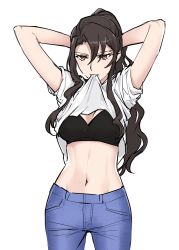 Rule 34 | 1girl, akikaze rui, arms behind head, arms up, black bra, blue pants, bra, breasts, brown hair, clothes in mouth, clothes lift, commentary request, cowboy shot, dee0333, denim, hair between eyes, high ponytail, highres, jeans, korean commentary, lifted by self, long hair, looking away, medium breasts, mouth hold, navel, pants, parted lips, ponytail, red eyes, shirt, shirt in mouth, shirt lift, short sleeves, shoujo kageki revue starlight, shoujo kageki revue starlight -re live-, sidelocks, simple background, sleeves pushed up, solo, standing, stomach, underwear, wavy hair, white background, white shirt