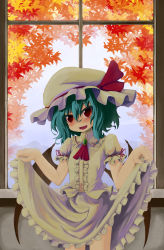Rule 34 | 1girl, autumn leaves, bad id, bad pixiv id, bat wings, blue hair, clothes lift, female focus, hat, highres, open mouth, red eyes, remilia scarlet, short hair, skirt, skirt lift, smile, solo, sorrau, touhou, wings
