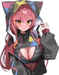 Rule 34 | 1girl, animal ears, animal hood, black jacket, black nails, blush, breasts, cleavage, closed mouth, commentary request, fake animal ears, hair between eyes, hand up, highres, hood, hood up, hooded jacket, jacket, kanzarin, long hair, long sleeves, looking at viewer, medium breasts, nail polish, navel, nekota tsuna, orange eyes, puffy long sleeves, puffy sleeves, red hair, simple background, smile, solo, sweat, upper body, very long hair, virtual youtuber, vspo!, white background