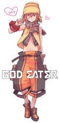Rule 34 | 10s, 1boy, ayao77, beanie, copyright name, detached sleeves, fujiki kouta, god eater, god eater burst, grin, hat, heart, male focus, navel, orange eyes, orange hair, scarf, simple background, smile, solo, striped clothes, striped scarf, translation request, white background