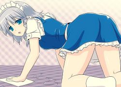 Rule 34 | 1girl, :o, all fours, ass, blue eyes, blue shirt, blue skirt, blush, braid, breasts, checkered floor, cpu (hexivision), floor, izayoi sakuya, looking at viewer, maid, maid headdress, one-hour drawing challenge, open mouth, shirt, short hair, short sleeves, silver hair, skirt, skirt set, small breasts, socks, solo, touhou, twin braids, white socks, wiping