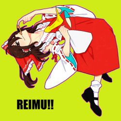 Rule 34 | 1girl, ascot, bad id, bad pixiv id, bag, bare shoulders, bow, brown eyes, brown hair, character name, cracker, detached sleeves, eating, food, full body, green background, hair bow, hair tubes, hakurei reimu, holding, hosomitimiti, long hair, looking at viewer, nontraditional miko, sarashi, senbei, shoes, simple background, skirt, socks, solo, touhou, wide sleeves