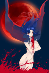 Rule 34 | blood, blood on hands, blue background, blue hair, breasts, cape, ciel (tsukihime), cleavage, elesia, full moon, groin, highres, legs, long hair, looking at viewer, moon, naked cape, navel, nude, oceanbellereine, red eyes, red moon, solo, thighs, tongue, tongue out, tsukihime, type-moon