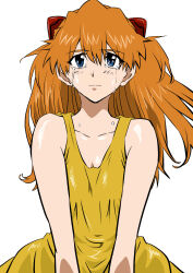 Rule 34 | 1girl, absurdres, bare arms, bare shoulders, blue eyes, breasts, brown hair, cleavage, dress, eywy4324, feet out of frame, highres, interface headset, long hair, looking at viewer, neon genesis evangelion, solo, souryuu asuka langley, sundress, teardrop, tears, two side up, yellow dress