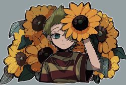 Rule 34 | 1boy, blonde hair, blue eyes, closed mouth, flower, grey background, highres, holding, holding flower, leaf, looking at viewer, lucas (mother 3), male focus, mother (game), mother 3, nintendo, raised eyebrow, shirt, short hair, simple background, solo, striped clothes, striped shirt, sunflower