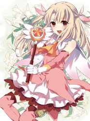 Rule 34 | 1girl, :d, ascot, black thighhighs, boots, detached sleeves, fate/kaleid liner prisma illya, fate (series), feather hair ornament, feathers, floating hair, gloves, hair between eyes, hair ornament, holding, illyasviel von einzbern, layered skirt, long hair, looking at viewer, magical girl, magical ruby, mysterymiharu, open mouth, pink feathers, pink footwear, prisma illya, red eyes, silver hair, skirt, smile, solo, thigh boots, thighhighs, twintails, two side up, white background, white gloves, yellow ascot
