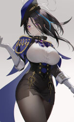 Rule 34 | 1girl, black corset, black hair, black pantyhose, black skirt, breasts, cape, clorinde (genshin impact), closed mouth, corset, cowboy shot, crossed legs, elbow gloves, epaulettes, genshin impact, gloves, gradient background, grey background, hair over one eye, hand up, hat, hat feather, highres, large breasts, long hair, looking at viewer, miniskirt, multicolored hair, omone hokoma agm, pantyhose, pencil skirt, purple cape, purple eyes, shirt, skirt, solo, streaked hair, taut clothes, taut shirt, tricorne, vision (genshin impact), white gloves, white shirt
