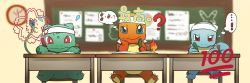 Rule 34 | ?, book, bright pupils, bulbasaur, chair, charmander, classroom, claws, closed mouth, commentary request, creatures (company), desk, fangs, fangs out, flame-tipped tail, game freak, gen 1 pokemon, headband, highres, holding, holding pencil, indoors, nintendo, no humans, pencil, pkpokopoko3, pokemon, pokemon (creature), red eyes, sitting, squirtle, translation request, white headband, white pupils
