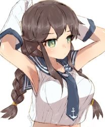 Rule 34 | 1girl, alchera, anchor symbol, armpits, arms behind head, blue neckwear, blush, braid, breasts, brown hair, closed mouth, collarbone, elbow gloves, gloves, kantai collection, long hair, medium breasts, midriff, noshiro (kancolle), sailor collar, sidelocks, simple background, sketch, solo, swept bangs, twin braids, twitter username, upper body, white background, white gloves