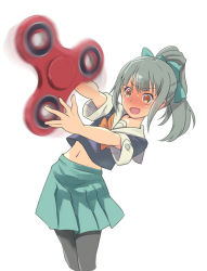 Rule 34 | 1girl, bow, confused, fidget spinner, folded ponytail, green hair, green skirt, grey hair, hair bow, hair ribbon, kaineri, kantai collection, open mouth, pantyhose, pleated skirt, ponytail, ribbon, school uniform, serafuku, simple background, skirt, solo, spinner, white background, yuubari (kancolle)