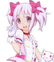 Rule 34 | 10s, 1girl, :3, blush stickers, bow, choker, flat chest, gloves, hair bow, kaname madoka, kyubey, looking at viewer, magical girl, mahou shoujo madoka magica, mahou shoujo madoka magica (anime), marker (medium), millipen (medium), open mouth, pink eyes, pink hair, shirohebidou, short hair, simple background, smile, traditional media, twintails, upper body, white gloves