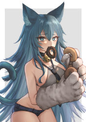 Rule 34 | 1girl, animal ear fluff, animal ears, animal hands, bell, blue eyes, blue hair, blush, borrowed character, breasts, cat ears, cat girl, cat tail, choker, commentary request, doughnut, expulse, food, gloves, hair between eyes, highres, long hair, looking at viewer, micro shorts, neck bell, original, paw gloves, short shorts, shorts, solo, tail, tears, very long hair