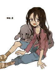 Rule 34 | brown eyes, brown hair, denim, dog, fang, highres, inukashi, jeans, long hair, no.6, pants, sitting, soto, torn clothes