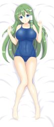 Rule 34 | :o, alternate costume, bare legs, blanket, blue eyes, blue one-piece swimsuit, breasts, collarbone, covered navel, frog hair ornament, full body, green hair, hair between eyes, hair ornament, hair tubes, highres, impossible clothes, kochiya sanae, large breasts, long hair, lying, miso inpakuto, old school swimsuit, on back, one-piece swimsuit, school swimsuit, single hair tube, snake hair ornament, swimsuit, touhou